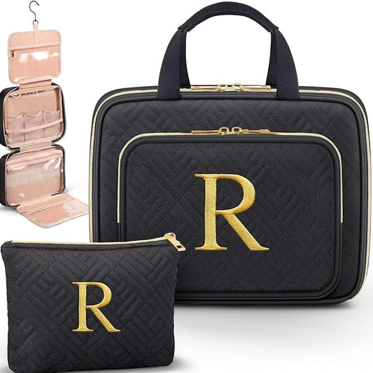 Gifts for Women, Initial Toiletry Makeup Bag Hanging Cosmetic Organizer with Embroidery Letter Personalized Nurse Teacher Appreciation Gift Birthday Christmas Gifts for Mom Sister Wife Friend Auntie