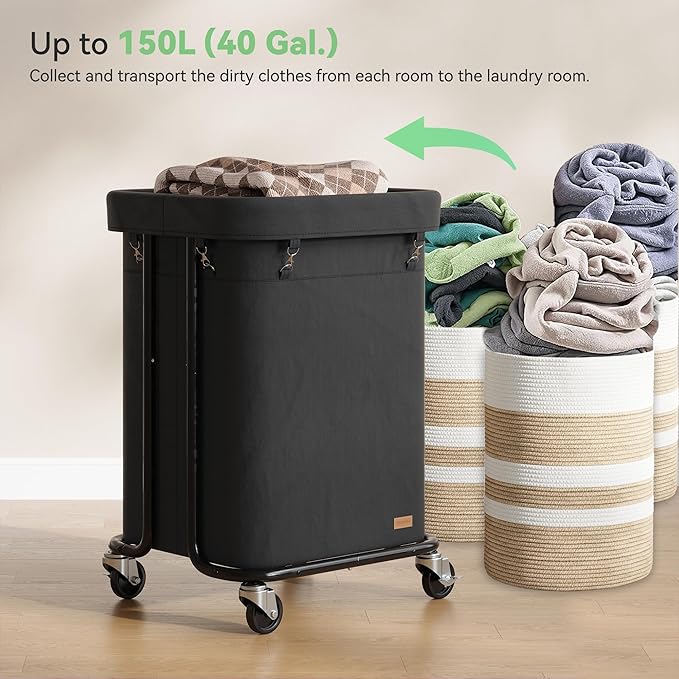 Laundry Basket with Wheels 150L/40Gal, Rolling Laundry Hamper with Steel Fram and Removable Washing Bag,Laundry Sorter Cart for Laundry Room,Hotel,Dorm,Black