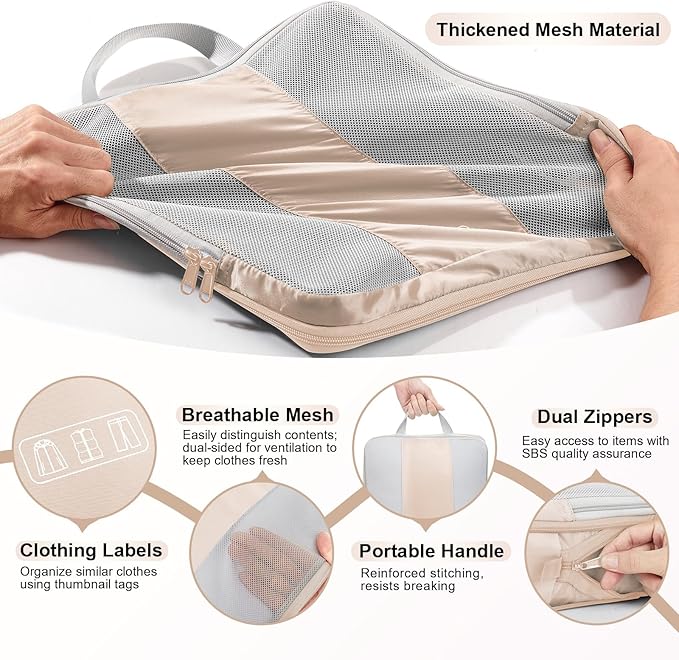 10 Set Compression Packing Cubes for Travel Women Mom,OlarHike Luggage Clothes Storage Gifts for Travelers,Airplane/Cruise/Car/Train Travel Essentials,Compressible Expandable Saver Space Bags(Beige)