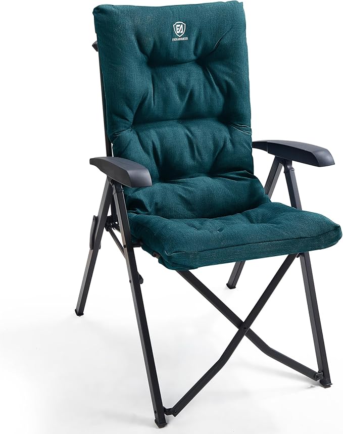 EVER ADVANCED Folding Camping Recliner Chair Fully Padded with Adjustable High Back Support Portable for Adults Patio Reclining Chair Green