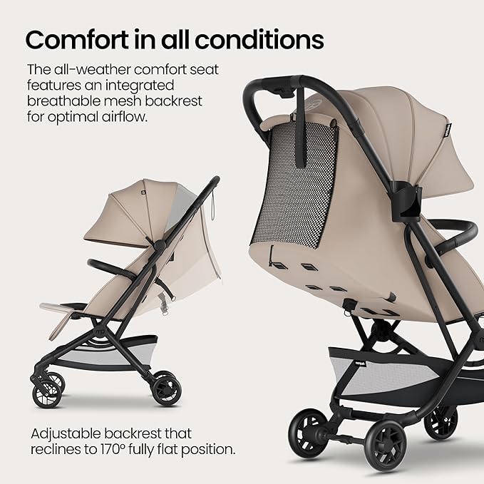 Mompush Velo Lightweight Travel Stroller – One-Hand Fold, Ultra-Compact & Airplane Friendly, Lie-Flat Recline Seat (from Birth to 50 lbs), Includes Cup Holder, Shoulder Strap, and Leather Bumper Bar