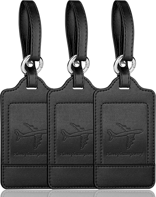 Teskyer Luggage Tags, 3 Pack PU Leather Luggage Tags for Suitcases, Privacy Protection Bag Tags Travel Essentials, Black