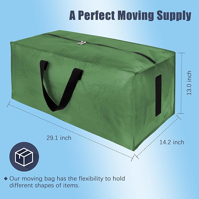 4 Pack Large Strong Moving Bags with Zippers & Carrying Handles - Water-Resistant - Heavy Duty Storage Tote for Space Saving, Fold Flat, Alternative to Moving Box (Olive Green)