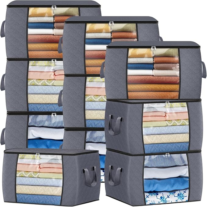 Fab totes 24 Gallons Clothes Storage, Foldable Thick Fabric Blanket Storage Bags, Containers for Organizing Bedroom, Closet, Clothing, Comforter, Organization with Handle (10 Pack,Grey)