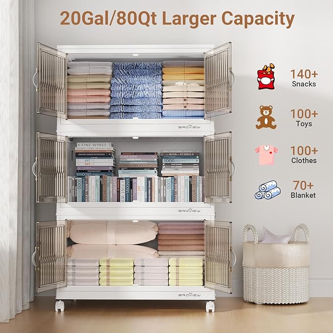 BROVIEW 240Qt Stackable Storage Bins with Lid, Extra Large Closet Organizer Collapsible Drawer Boxes with Wheels, Folding Plastic Cabinet Containers for Home Kitchen Room Organization, 3Pack White