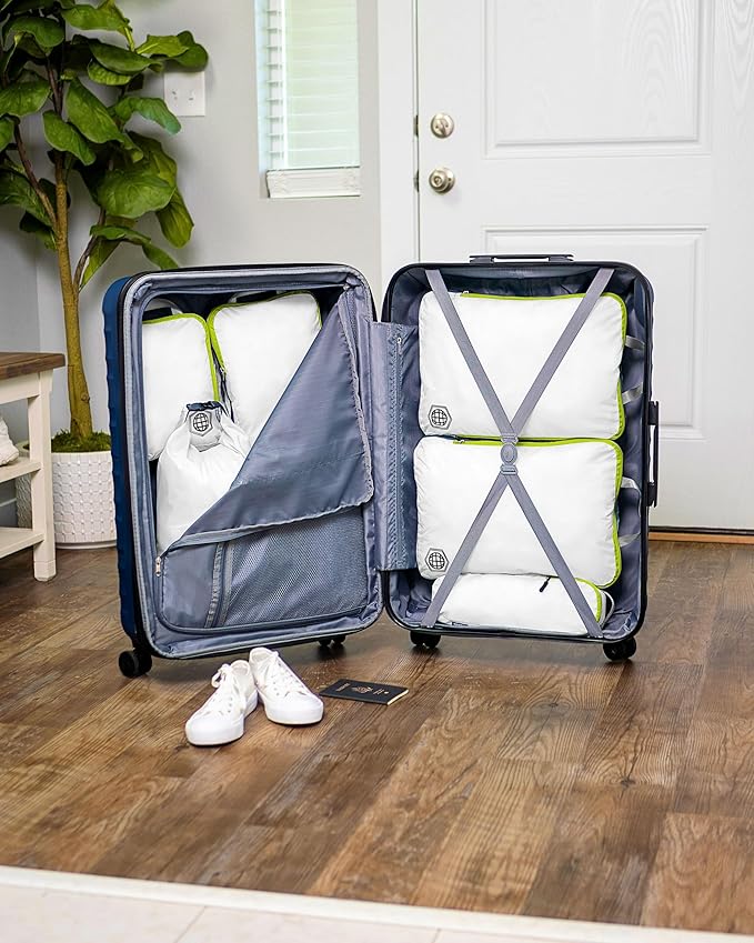 Large Compression Packing Cubes for Travel-Packing Cube Luggage Organizers 7 Piece Set for Checked Luggage-Ultralight, Expandable/Compression Bags by TRIPPED Travel Gear (White/Green)