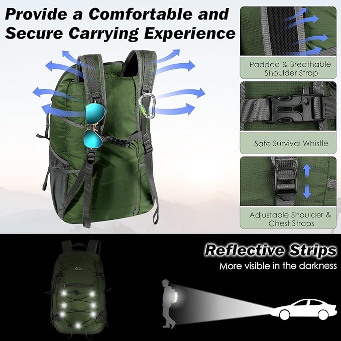 MoKo Hiking Backpack, 40L Large Capacity Camping Backpack with Multiple Pockets, Tear-Resistant Travel Daypack for Men Women, Packable and Lightweight Hiking Daypack for Travel Camping Outdoor, Olive