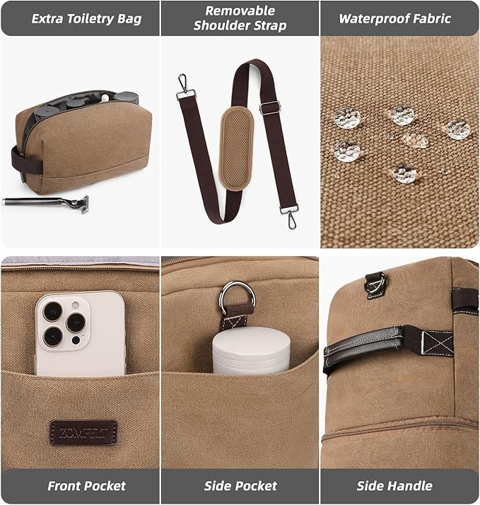 ZOMFELT Travel Duffle Bag for Men, Waterproof Canvas Overnight Duffel Bag with Removable Dividers & Shoe Compartment, Carry On Weekender Gym bag, Multi-Pocket & Vintage Design (Washed Brown)