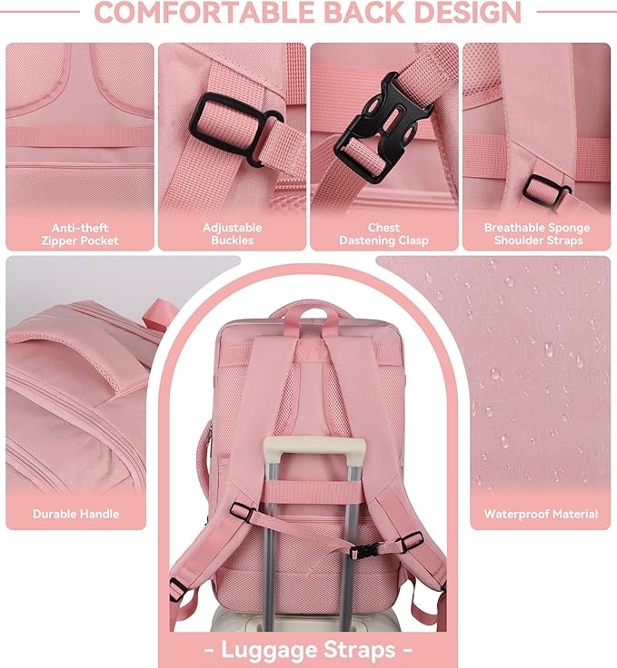 Travel Laptop Backpack for Women, 50L Expandable Extra Large Backpack,Carry On Backpack, Water Resistant Big Bag Anti-Theft Business Daypack Fits 17 Inch Laptop with USB Port, Pink
