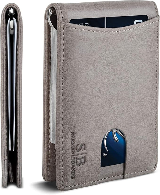 SERMAN BRANDS RFID Blocking Slim Bifold Genuine Leather Minimalist Front Pocket Wallets for Men with Money Clip Thin Gift