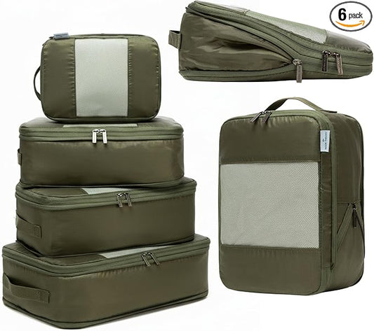 6-Pack Compression Packing Cubes Travel Essentials - Lightweight, Water-Resistant Luggage Organizer Bags with Handles, Durable Travel Accessories Suitcase Organizer (Olive)