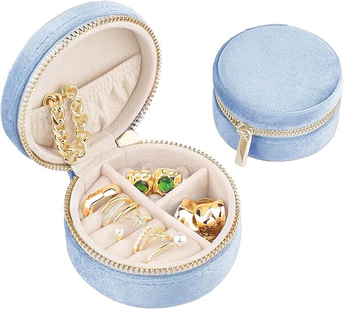 TAIMY Plush Velvet Travel Jewelry Box, Round Mini Travel Jewelry Case for Women Girls, Portable Mini Jewelry Travel Organizer Boxes for Rings Earrings Necklaces Bracelets(Ocean Blue)