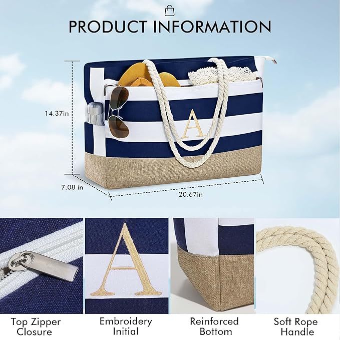 YOOLIFE Large Initial Beach Bag Waterproof Tote Zipper Bag Personalized Gifts for Women Her Birthday Travel Beach Essential