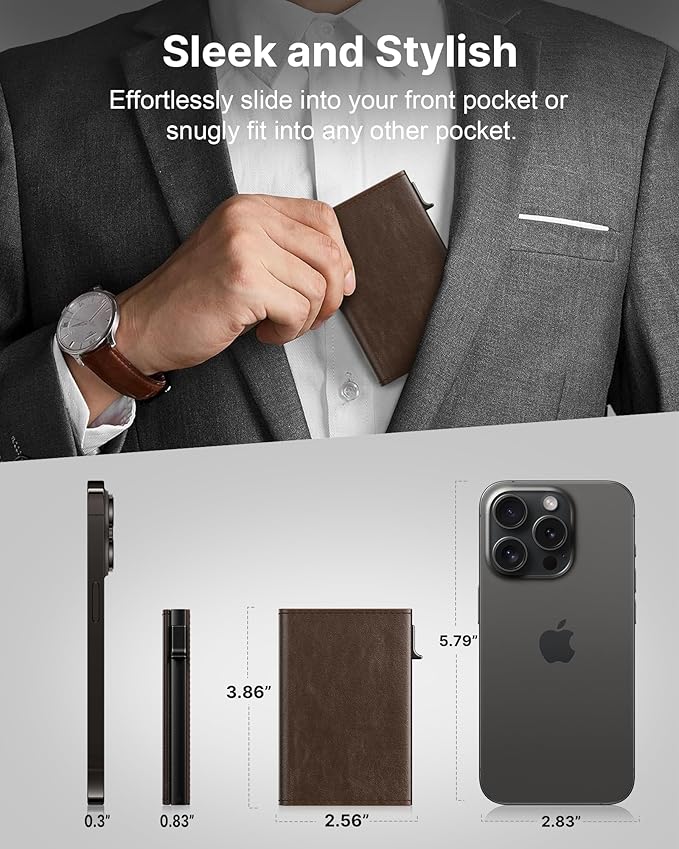 typecase Mens Wallet Card Holder: Pop Up Aluminum Case, Genuine Leather, Smart, RFID Blocking, Slim, Minimalist, Front Pocket - 9-14 Card Capacity | ID Window | Cash Slot (Black Brown)