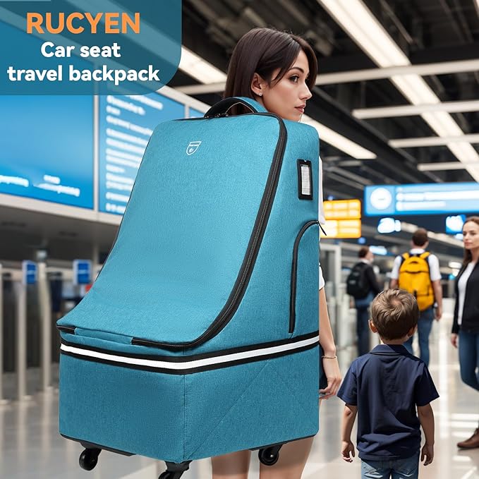 Rolling Car Seat Travel Bag, Padded Carseat Travel Backpack for Airplane,Large Durable Carseat Travel Bag with 4 Wheels,Adjustable Shoulder Strap and Waterproof Base Blue