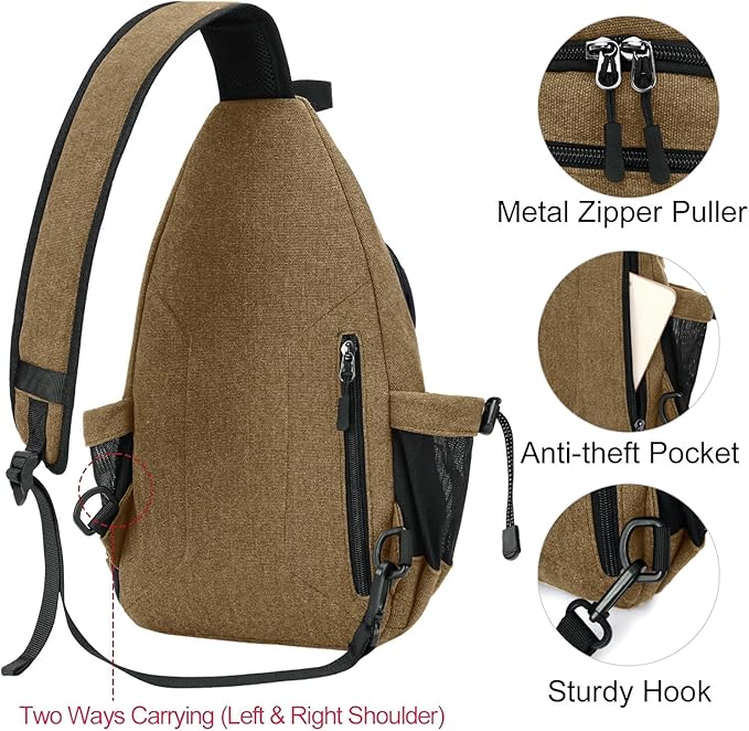 MOSISO Sling Backpack,Canvas Crossbody Hiking Daypack Bag with Anti-theft Pocket, Brown