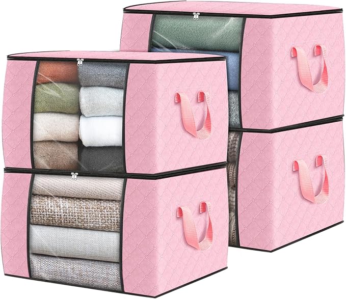 Fab totes 4 Pack Clothes Storage, Foldable Thick Fabric Blanket Storage Bags, Containers for Organizing Bedroom, Closet, Clothing, Comforter, Organization with Handle,Pink