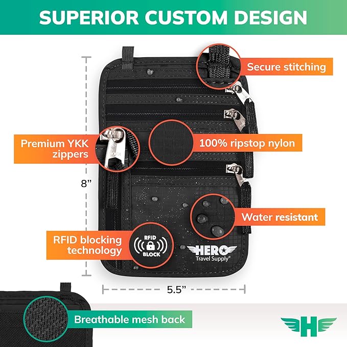 HERO Neck Wallet, RFID Blocking Passport Holder - Easy to Conceal and Pouch