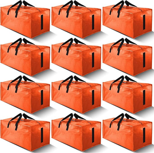 12 Pack Large Strong Moving Bags with Zippers & Carrying Handles - Water-Resistant - Heavy Duty Storage Tote for Space Saving, Fold Flat, Alternative to Moving Box (Orange)