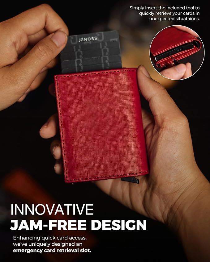 Jenoss Smart Wallet For Men & Women: Full Grain Leather, Handcrafted, Slide Metal Pop Up Case, Slim RFID Blocking Credit Card Holder Minimalist Compact 12 Cards Slot Organizers ID Clip (Red & Black)