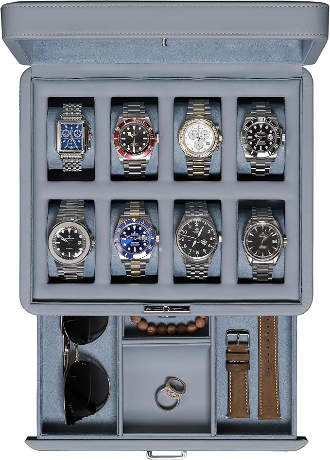 ROTHWELL 8 Slot Leather Watch Box with Drawer - Luxury Case Display Jewelry Organizer, Locking Display Case Holder with Real Glass Top - Watch Box Organizer for Men & Women (Artic Mist)