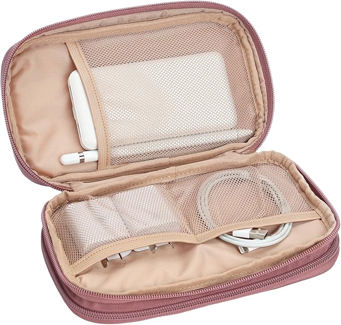 NISHEL Travel Cord Organizer Case, Double Layers Tech Electronic Bag, Essentials for Charger, Cable, Phone, Flash drive, Rose-wood Pink