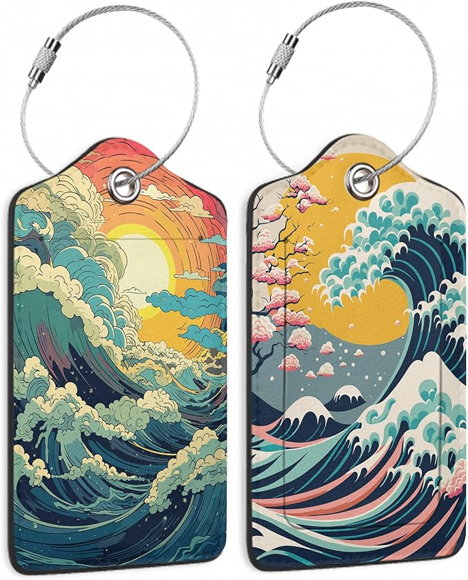 2 Pack Luggage Tag for Suitcase, Waves Sunrise Leather Bag Tags Identifiers Privacy Cover ID Label with Durable Steel Loop for Women Men Kids Girls Travel