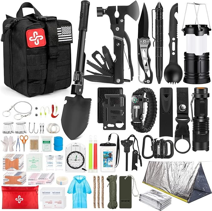 Survival Kit, 250Pcs Survival Gear First Aid Kit with Molle System Compatible Bag and Emergency Tent, Emergency Kit for Earthquake, Outdoor Adventure, Hiking, Hunting, Gifts for Men Women