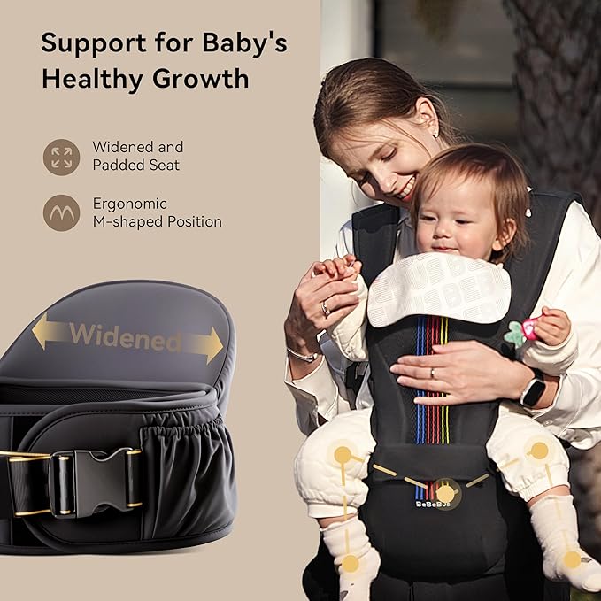 Baby Carrier with Hip Seat, BeBeBus 2-in-1 Ergonomic Newborn to Toddler Carrier up to 44 lbs, Detachable Hands-Free for Infant, All Season Forward-Facing Carry, Fits Waist Sizes up to 38 inch (Black)
