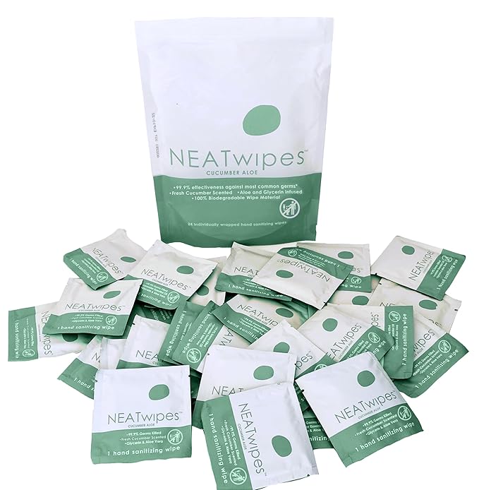 NEATwipes Hand Sanitizing Wipes | Travel Size | Disposable Wet Wipe & Biodegradable | Cucumber Aloe Essential Oil | Soothing Aloe & Glycerin | 24 Individually Wrapped Wipes