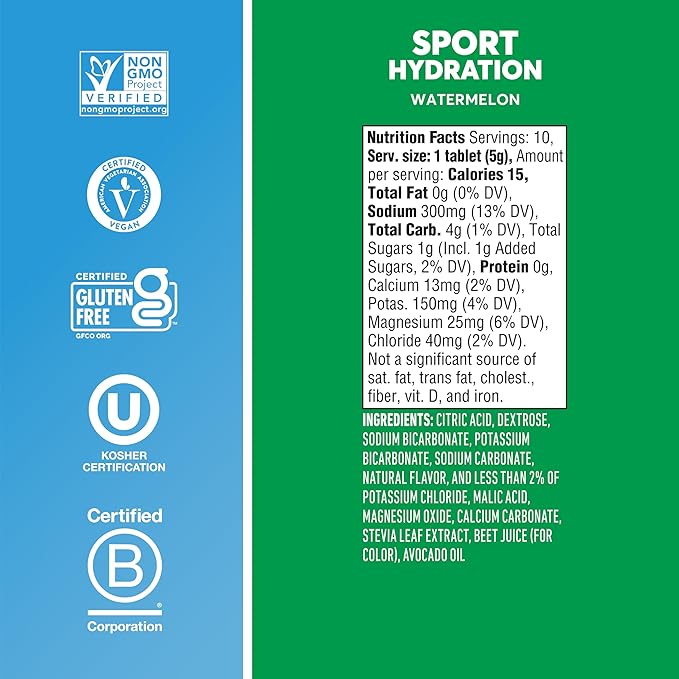 Nuun Sport Electrolyte Tablets with Magnesium, Calcium, Potassium, Chloride & Sodium, Gluten Free & Vegan, Watermelon, 8 Pack (80 Servings Total)
