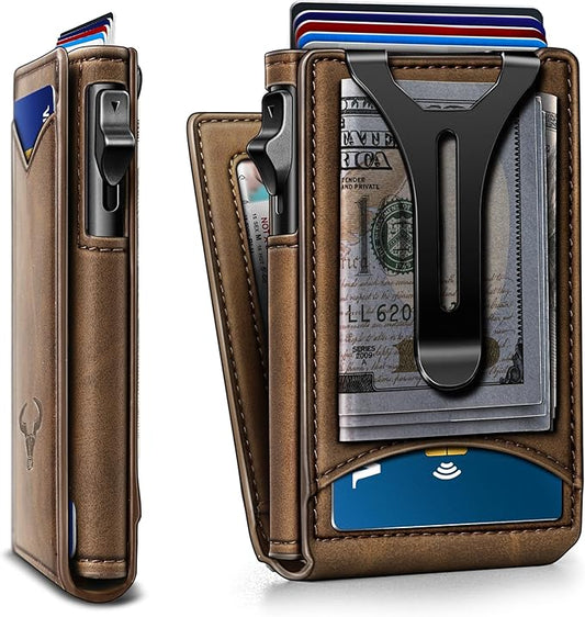 BULLIANT Men Wallet,Money Clip Wallet Slim For Gift Men 9Cards-Metal Credit Card Case in Magnetic Leather Flip