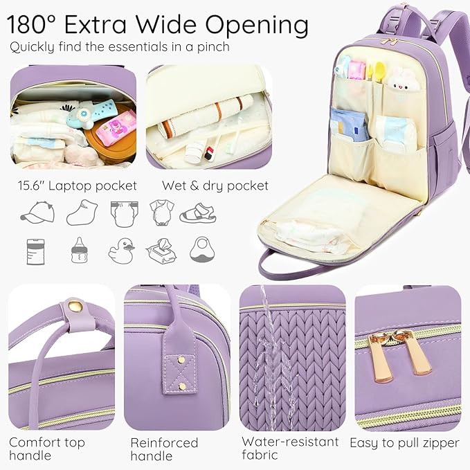Diaper Bag Backpack - Large Multi functional, Boys, Girls & Baby Travel Essentials Tote with Changing Pad, Insulated Pockets, Stroller Straps, Waterproof - Baby Backpack for Mom & Maternity (Purple)