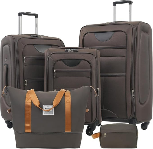 Merax Softside Luggage Set Softshell Lightweight 3 Piece Spinner Suitcase with Duffel Bag Expandable Upright Travel Luggage 22" 26" 30",Brown