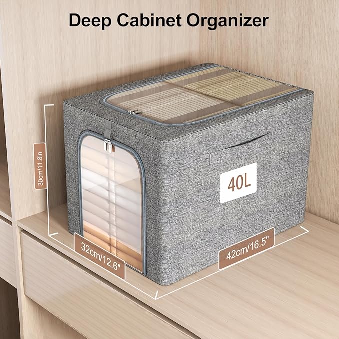 GoMaihe Clothes Storage Bin with Metal Frame: 6-Pack Stackable Closet Storage Bin with Lid & Clear Window, Sweater Boxes Storage for Closet Bedding Clothing Storage Organizer 40L