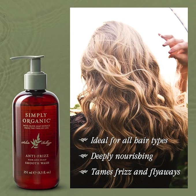 SIMPLY ORGANIC Frizz Control Hair Shampoo Scalp Wash Made in Italy, All Natural Cruelty Free Hair Care for Women & Men with Aloe Leaf Juice & Olive Leaf Extract, 251ml/8.5floz, ANTI-FRIZZ
