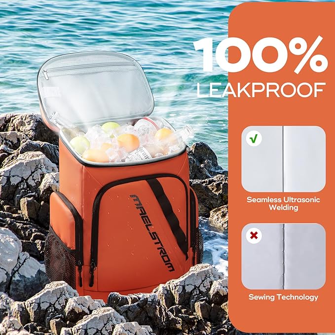 Maelstrom Backpack Cooler,36 Can Cooler Backpack,Soft Cooler Bag Insulated Leakproof,Lightweight Ice Chest Backpack,Travel Cooler Lunch Backpack for Camping,Hiking,Beach,Orange
