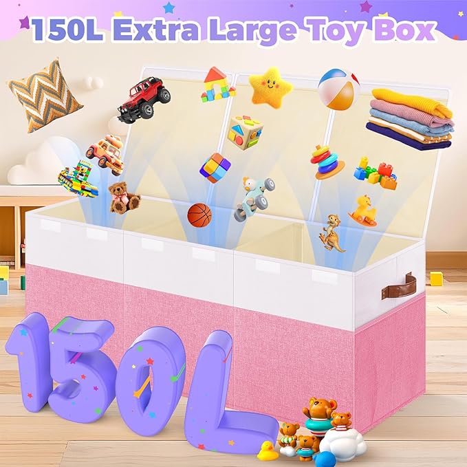Extra Large Toy Storage Box with Lid, Collapsible Sturdy Toys Chest Storage Organizer Bin Basket with Divider for Kids, Boys, Girls, Closet, Playroom, Bedroom, Nursery, 40"X14"X16", Pink & White