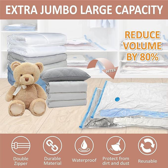8 Pack XXL Jumbo Vacuum Storage Bags, Extra Large Vacuum Seal Bags for Comforters, Bedding, Blanket Storage, Giant Space Saver Bags for Huge Stuffed Toy(47.2x35 in)