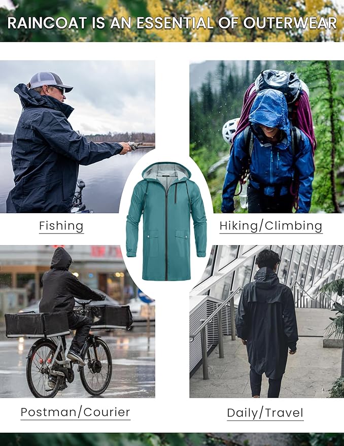 COOFANDY Men's Long Raincoat Ligtweight Rain Jacket Waterproof Outdoor Jackets with Hood