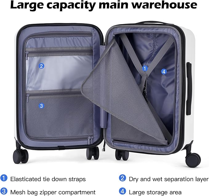 BISON DENIM 20 Inch Carry On Luggage, PC Lightweight Hardside Expandable Carry-On Luggage Airline Approved With Spinner Wheels, Front Compartment, Cup Holde, TSA-approved Lock, USB Port, Dark Grey