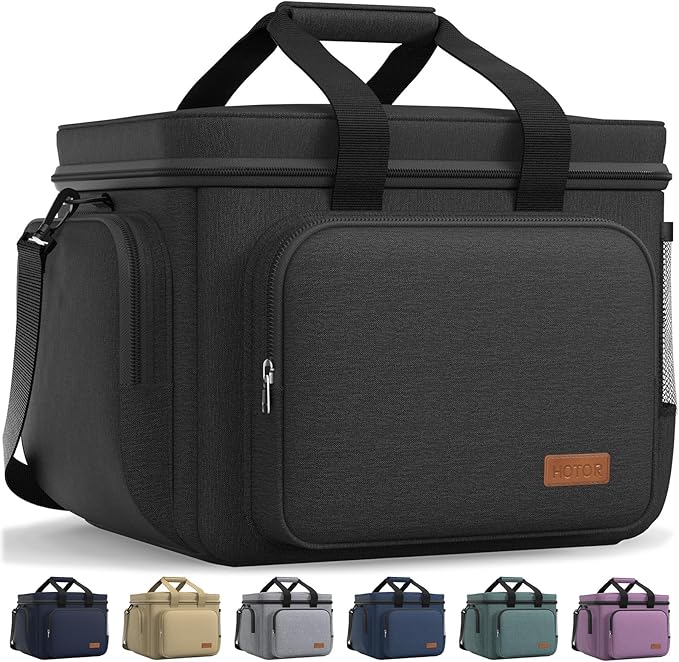 HOTOR Lunch Box for Men and Women - Leak-Proof Insulated Lunch Cooler Bag with Adjustable Strap, Multiple Pockets for Office, Picnic, Hiking, Beach, 1 Layer, 25L, Black, 15.0" x 11.0" x 12.2"