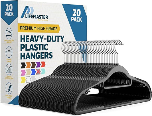 Lifemaster Versatile Clothes Hanger Set - 20 Pieces Space-Saving Dry and Wet Clothes Hanger Set with 360° Swivel Hook and Non-Slip Rubber Design - Black