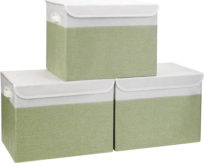 Large 17" 42 Quarts Collapsible Stackable Storage Bins with Lids [3-Pack] Foldable Fabric Linen Storage Boxes Cube, Closet Organizer Baskets with Label for Home (16.7 x 12 x 12", Green & White)