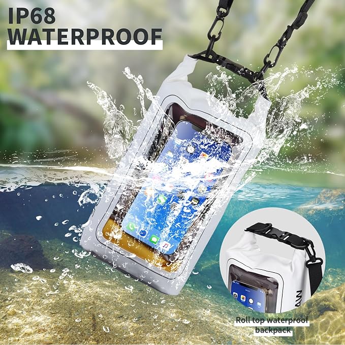 IP68 Waterproof Dry Bag, 2L - Roll Top Waterproof Pool Bag，Dry Bags for Kayaking Waterproof-w/Phone Pouch,Large Waterproof Phone Pouch,Boating & Kayak Accessories Camping (White)