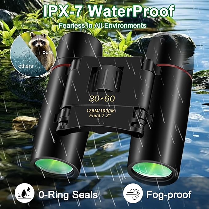 30x60 Binoculars for Adults and Kids,BAK4 Prism Waterproof Lightweight Foldable Easy Focus Small Compact Binoculars for Bird Watching, Hunting,Concerts,Travel,Hiking