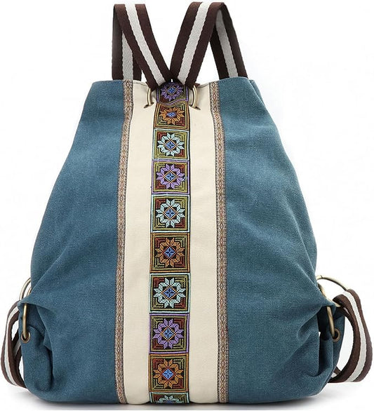 Goodhan Women Canvas Backpack Daypack Casual Shoulder Bag, Vintage Heavy-duty Anti-theft Travel Backpack (Green Blue)