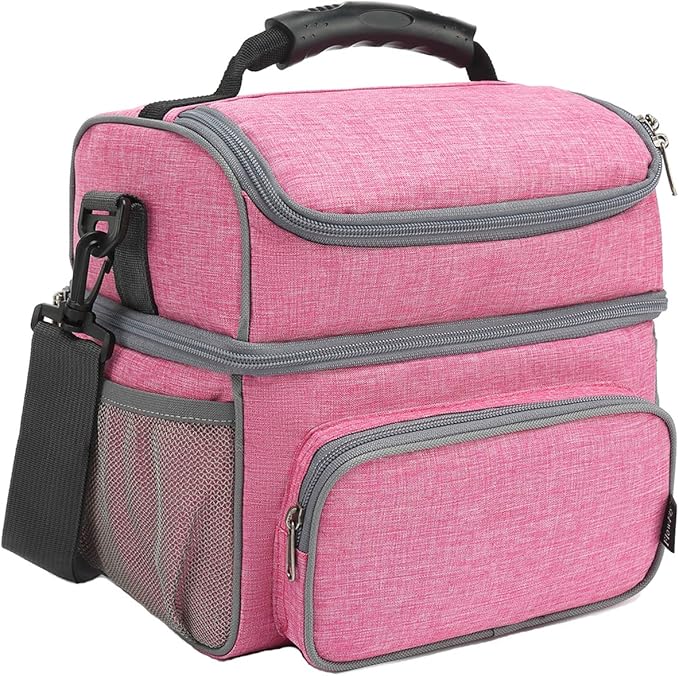 FlowFly Double Layer Cooler Insulated Lunch Bag Adult Lunch Box Large Tote Bag for Men, Women, With Adjustable Strap,Front Pocket and Dual Large Mesh Side Pockets