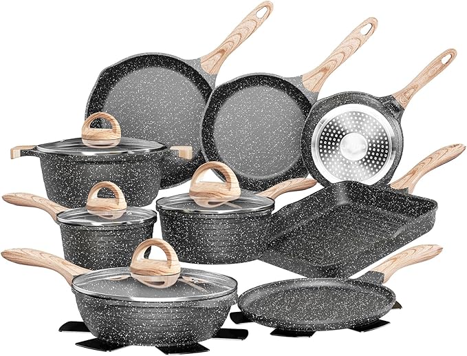 JEETEE Pots and Pans Set Non Stick 23pcs, Healthy Kitchen Cookware Sets, Induction Cooking Set W/Gray Frying Pans, Saucepans, Sauté & Griddle & Crepe Pan (PFOA, PFAS Free)