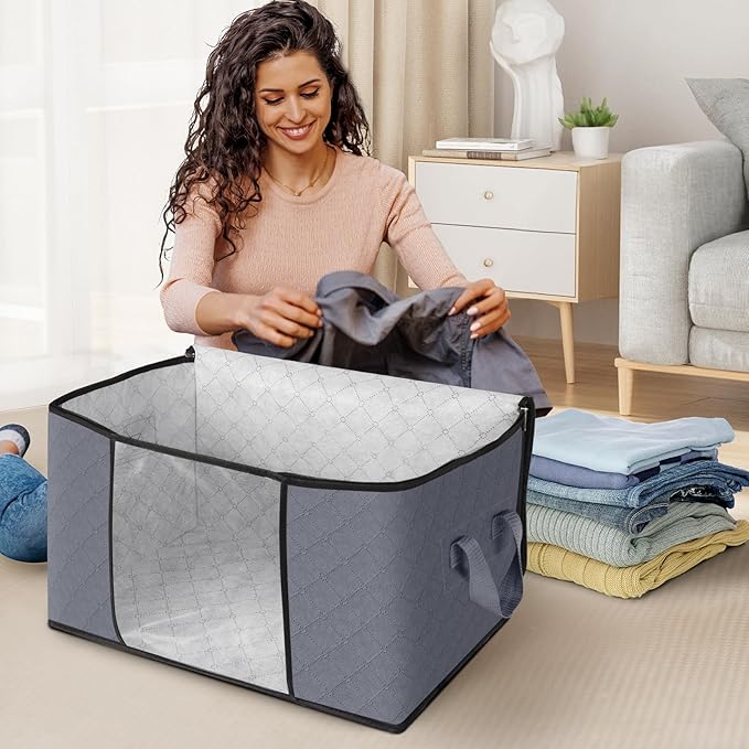 Fab totes 4 Pack Clothes Storage, Foldable Thick Fabric Blanket Storage Bags, Containers for Organizing Bedroom, Closet, Clothing, Comforter,Closet Organization with Handle,Grey